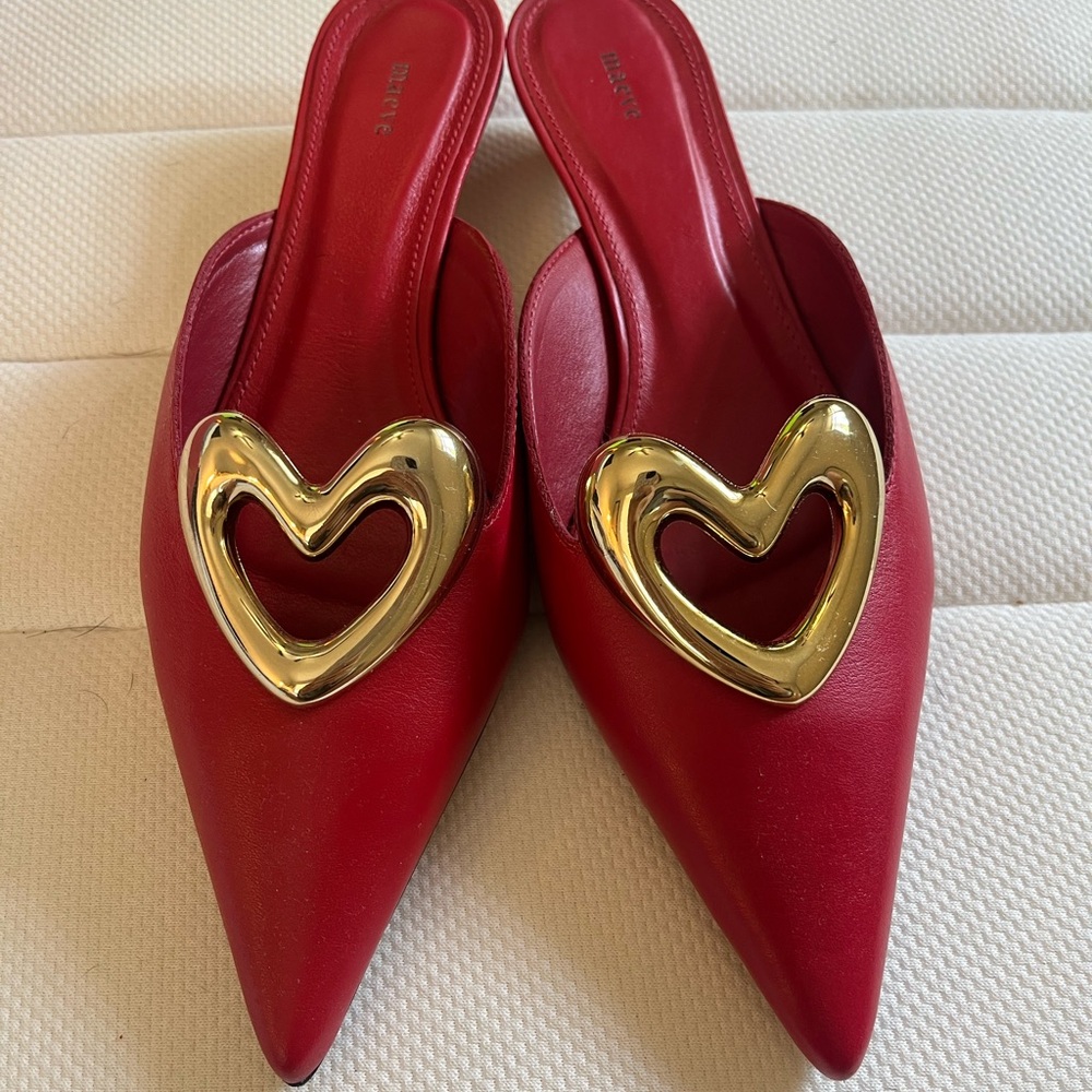 Maeve Red Mules with Gold Heart Accent